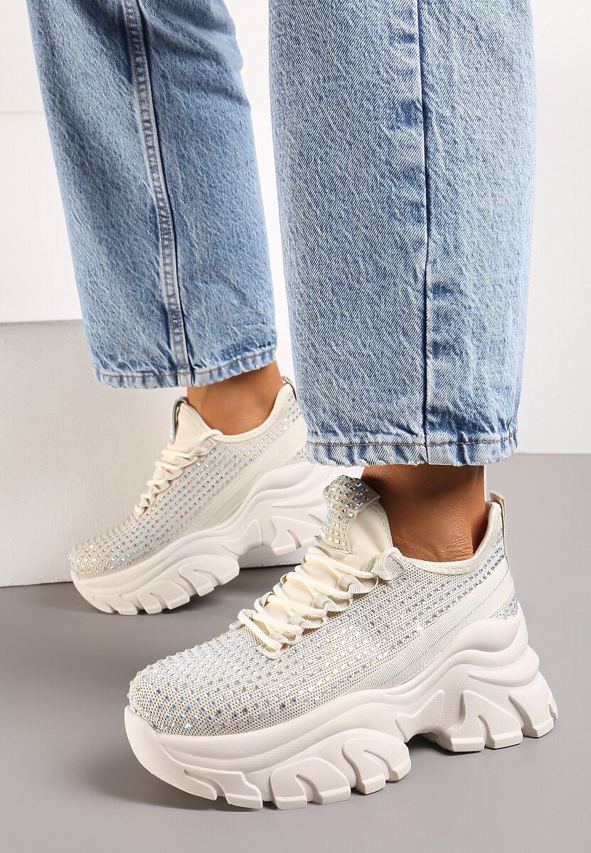 Beżowe Sneakersy na Platformie z Cholewką z Cyrkoniami Harilena