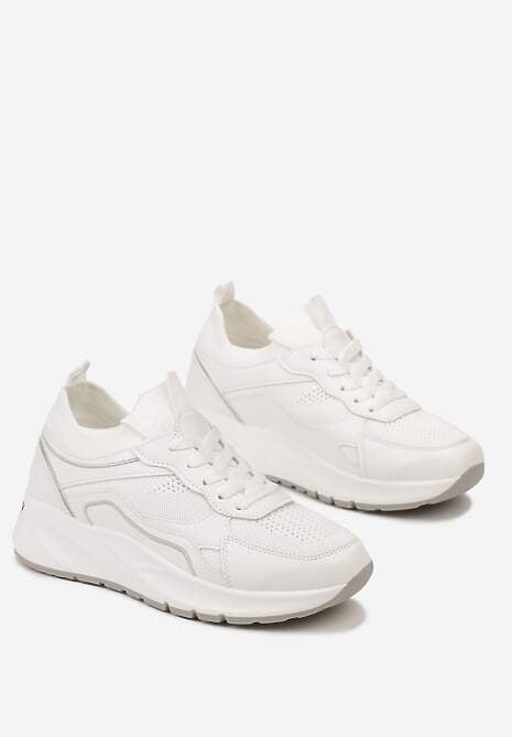 Białe Sznurowane Sneakersy na Grubej Podeszwie z Błyszczącymi Wstawkami Nithirela