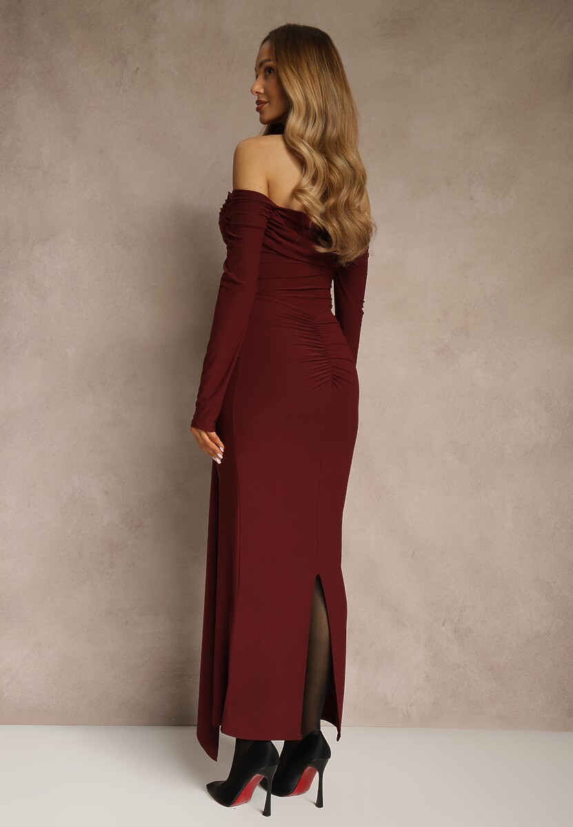 Bordowa Marszczona Sukienka o Dopasowanym Kroju z Trenem i Rozcięciem Aluilea