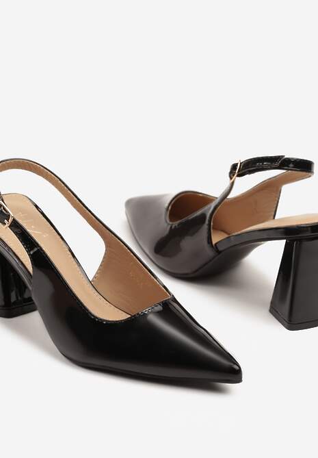 Czarne Sandały Lakierowane na Słupku Typu Slingback Sesorielis