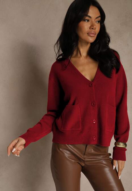 Bordowy Kardigan na Guziki z Domieszką Kaszmiru Vetiella