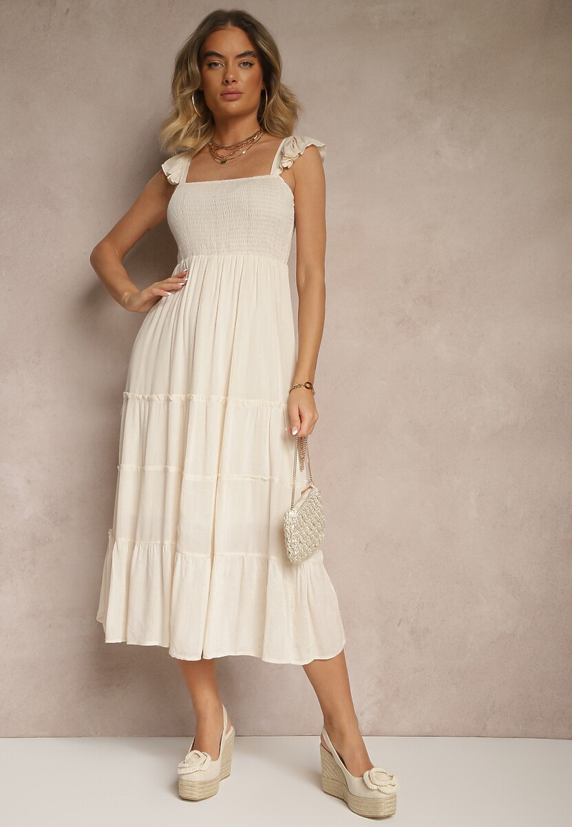 Beżowa Rozkloszowana Sukienka z Wiskozy z Metalicznymi Przeszyciami Iffaria