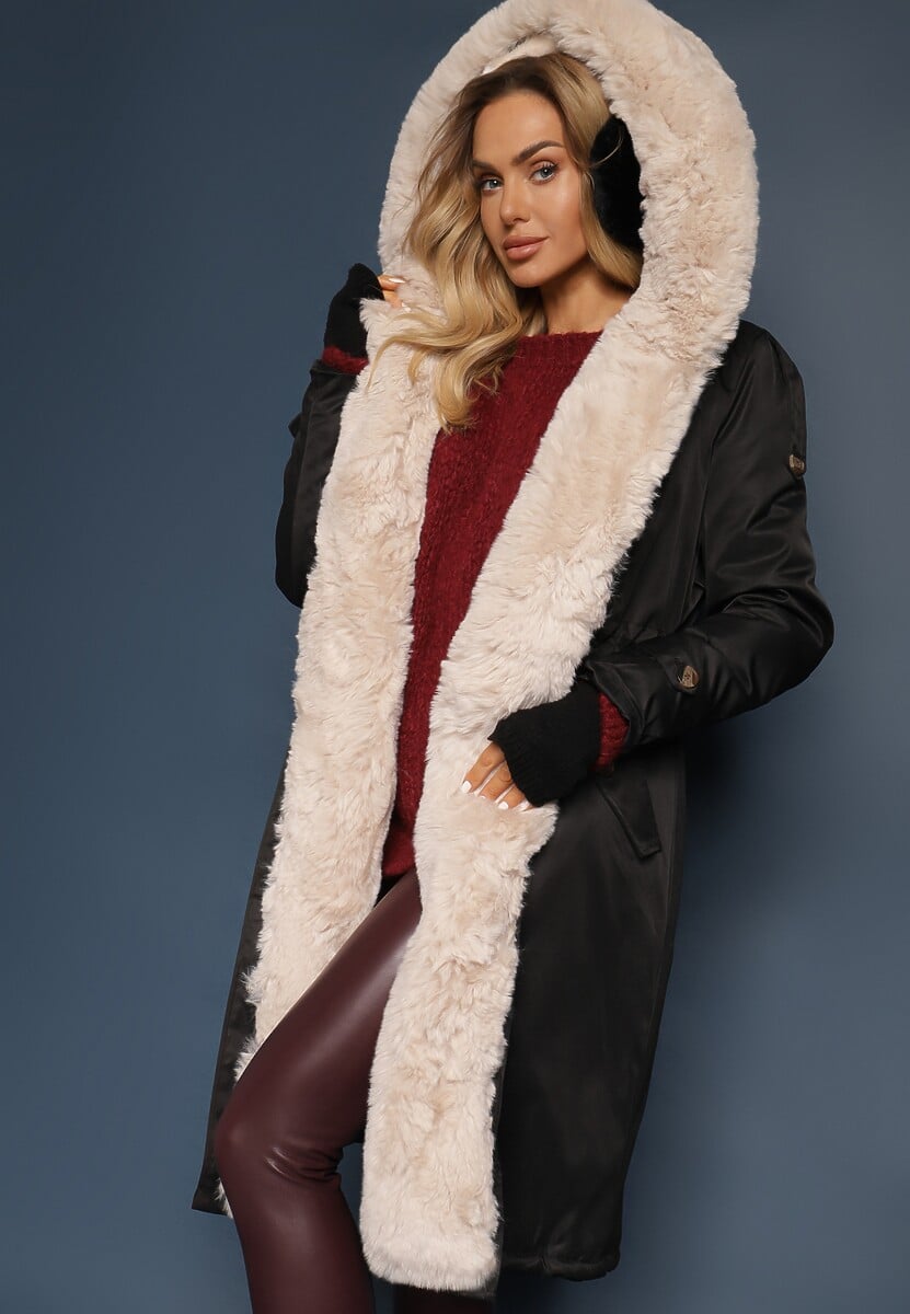 Czarno-Beżowa Kurtka Parka Ocieplana z Kapturem z Odpinanym Futerkiem Ściągana w Pasie Melintina