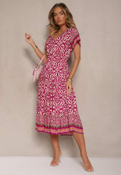 Fioletowa Sukienka z Bawełny z Gumką w Pasie i Ozdobnymi Guzikami Natifarela