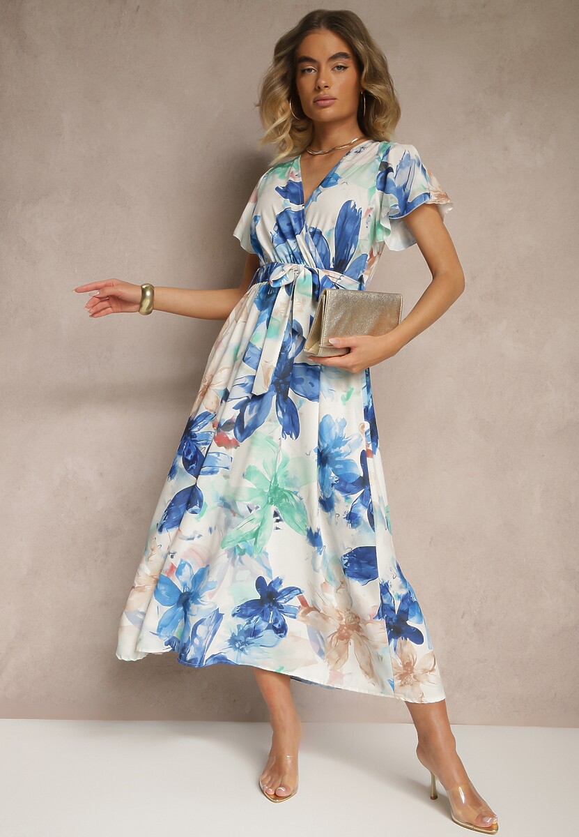 Niebieska Kopertowa Sukienka z Wiązanym Paskiem w Kwiatowy Wzór Redellira
