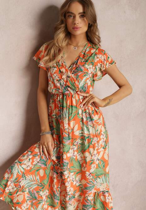 Pomarańczowa Sukienka Rozkloszowana w Kwiaty z Gumką w Pasie Diggle