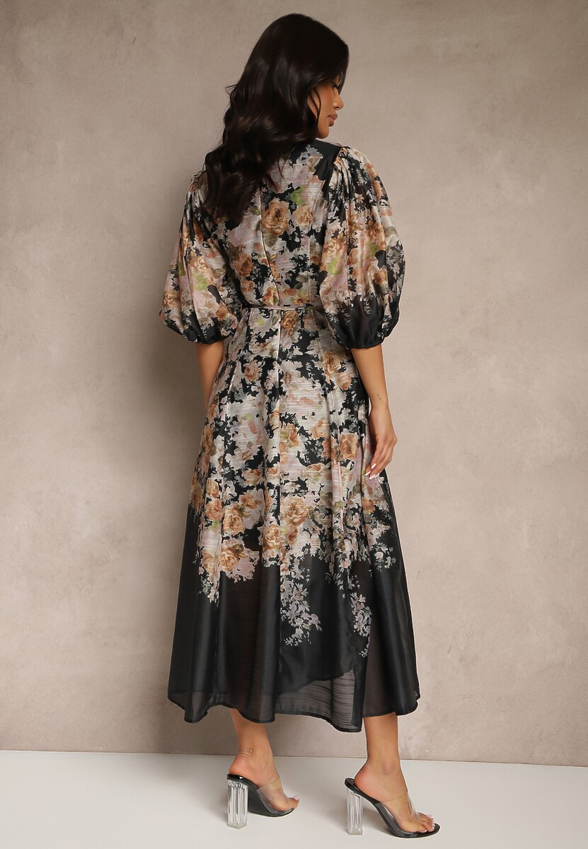Czarna Rozkloszowana Sukienka z Wiskozy w Kwiatowy Wzór z Wiązaniem Redilina