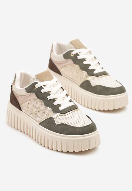Beżowo-Zielone Sneakersy na Platformie z Tłoczeniami Zdobione Panterkowym Printem Herraza