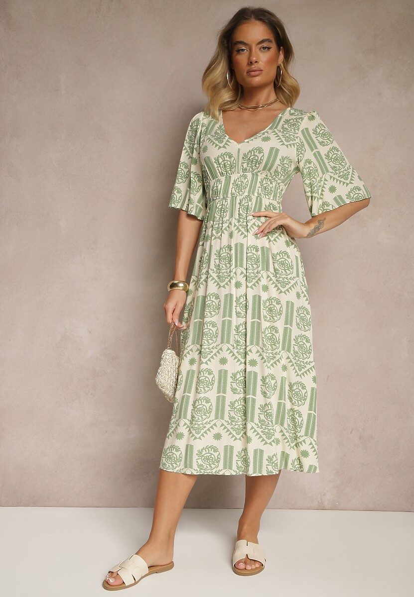 Zielono-Kremowa Sukienka Boho Rozkloszowana z Wiskozy z Odkrytymi Plecami Tuvria