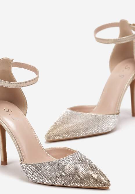 Złote Błyszczące Sandały na Szpilce z Paskiem przy Kostce Nirel