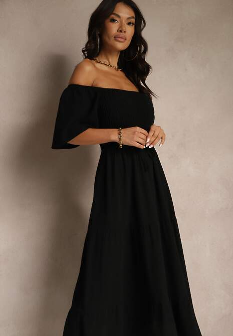 Czarna Wiskozowa Sukienka z Lnem o Rozkloszowanym Kroju Koloreia