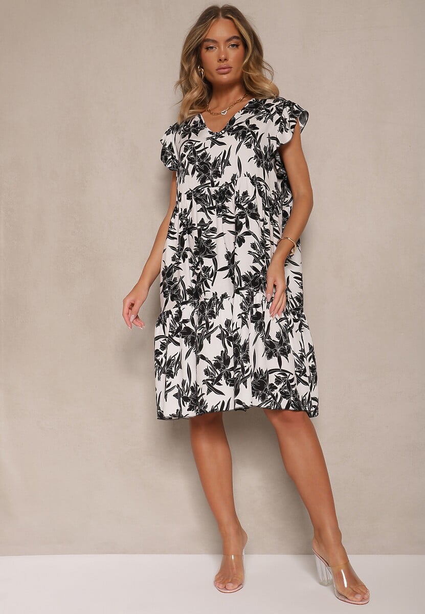 Biała Kwiatowa Rozkloszowana Sukienka z Bawełny Liravira