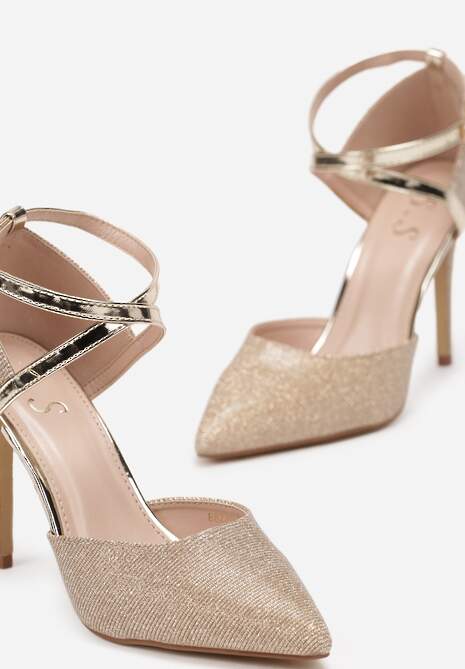 Złote Brokatowe Szpilki z Paskiem wokół Kostki Sienawa