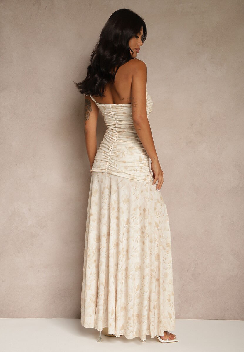 Beżowa Koktajlowa Sukienka o Asymetrycznym Kroju w Kwiaty Melaniela