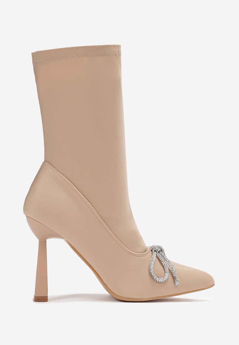 Beżowe Botki Skarpetkowe Ozdobione Kokardką z Cyrkoniami na Geometrycznej Szpilce Aife