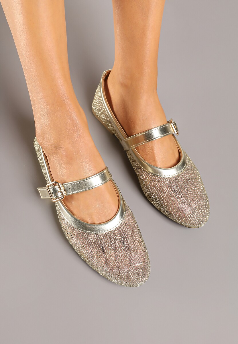 Złote Balerinki Vices w Stylu Mary Jane z Siateczki z Metalicznym Połyskiem Kolarilia