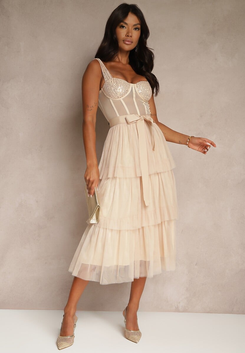 Czerwona Koktajlowa Sukienka na Ramiączkach Ozdobiona Cekinami Falbanami i Kokardą Inalisa