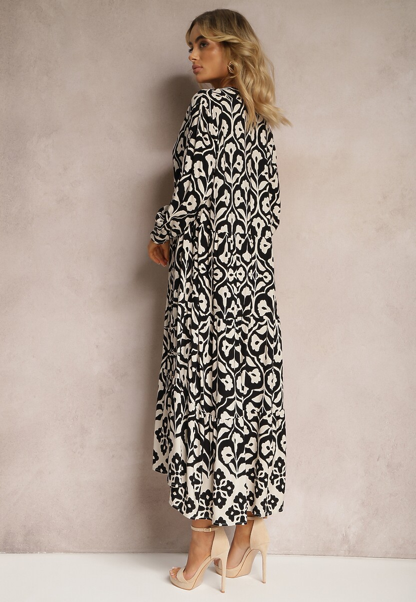 Czarna Koszulowa Sukienka Ozdobiona Ornamentalnym Printem Crypta