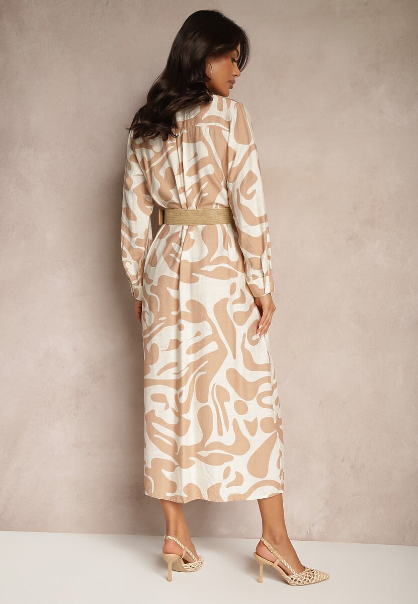 Beżowa Sukienka z Wiskozą o Koszulowym Kroju z Plecionym Paskiem Faledina