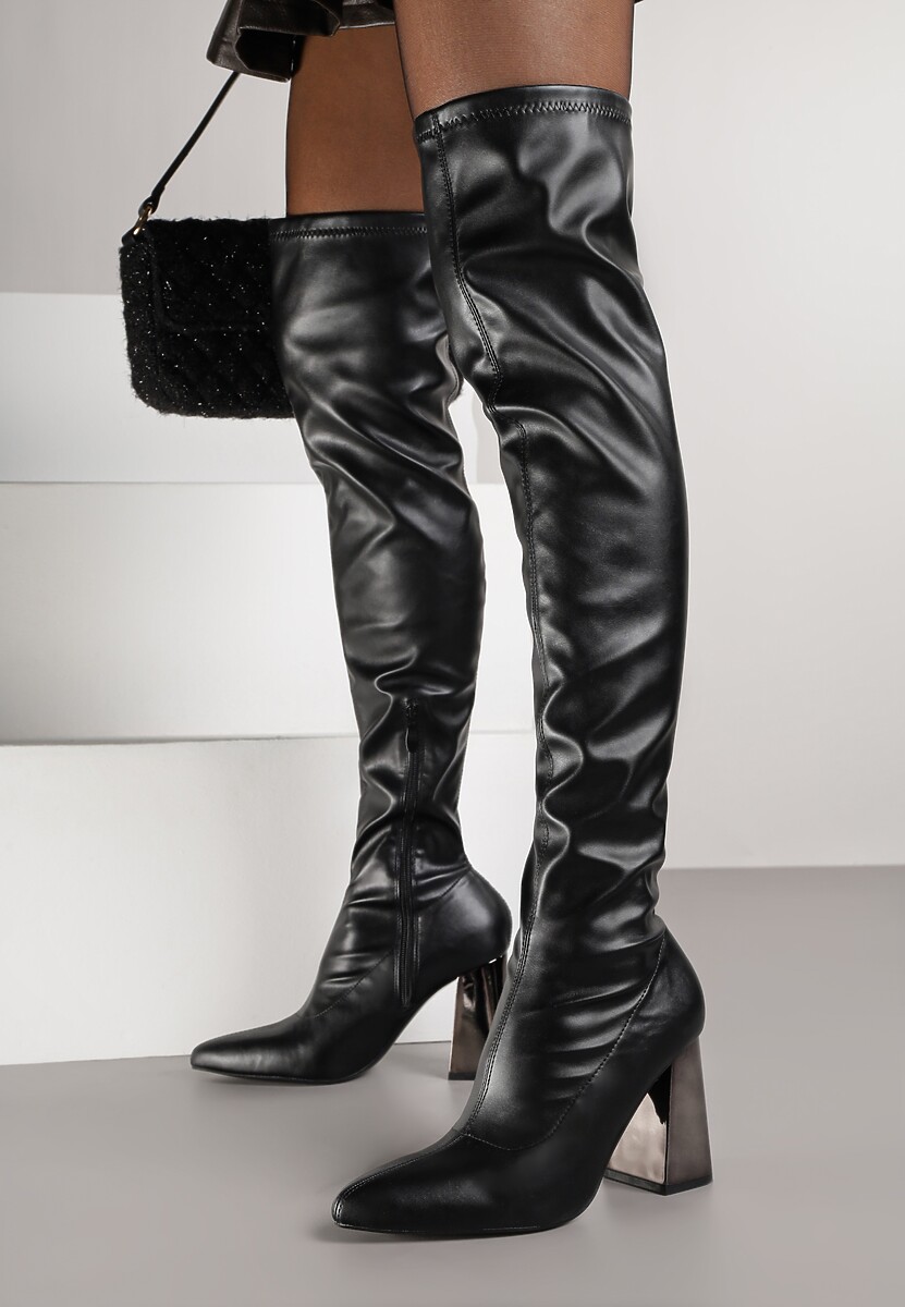 Czarne Eleganckie Kozaki Vices na Metalicznym Słupku z Dopasowaną Cholewką Nianesa