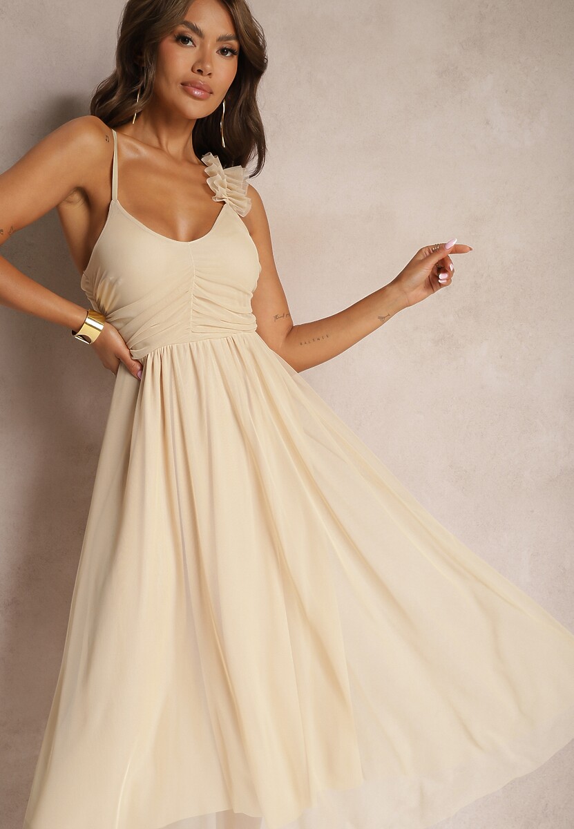 Czerwona Rozkloszowana Sukienka na Ramiączkach z Gumką w Pasie z Falbankami Zafara