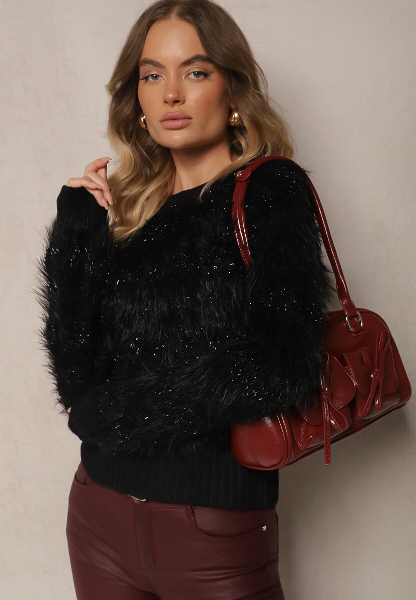 Czarny Sweter z Wełną Ozdobiony Ściągaczami i Długim Włosiem Sialora