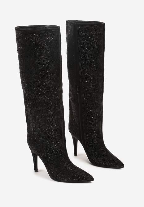 Czarne Kozaki Muszkieterki na Szpilce Ozdobione Cyrkoniami  Naladea