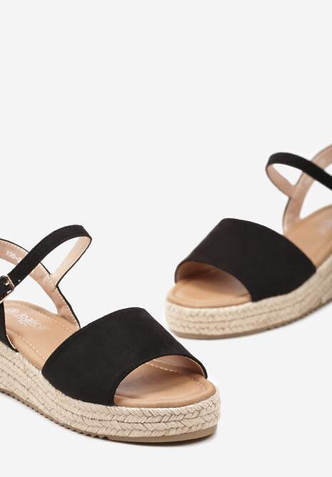 Czarne Sandały z Plecionki z Paskiem Wokół Kostki i Sprzączką Tidalia