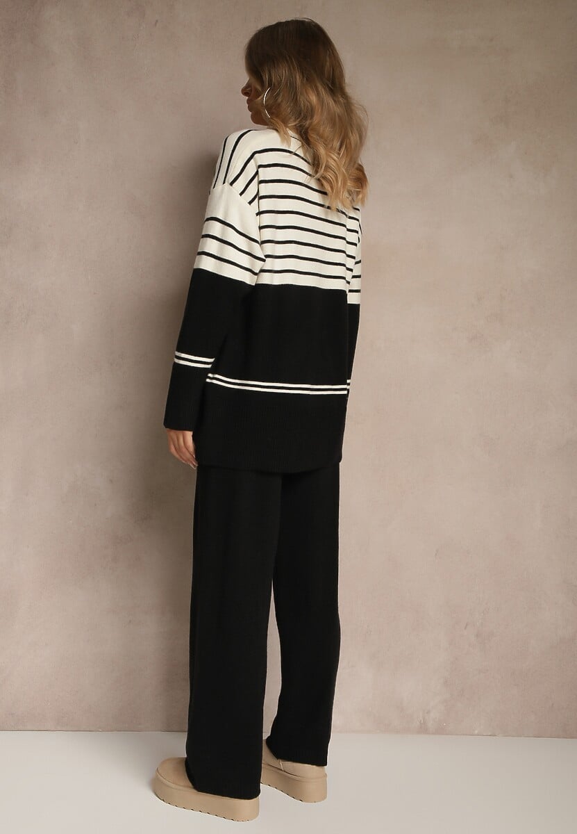 Czarny Komplet z Dzianiny z Wełną Pasiasty Sweter i Spodnie Ralleia