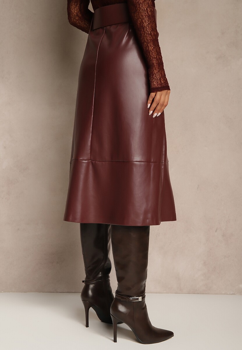 Bordowa Spódnica o Trapezowym Kroju z Imitacji Skóry z Szerokim Paskiem Saliavesa