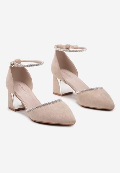 Beżowe Czółenka na Słupku z Metalicznymi Zdobieniami i Sprzączką Radinafe