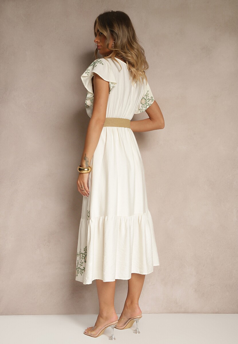 Biało-Zielona Kopertowa Sukienka z Wiskozy Ozdobiona Haftem i Paskiem Nilatea