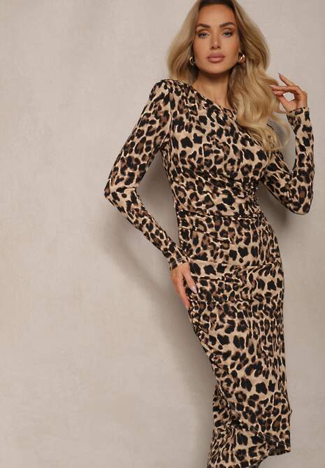 Ciemnobeżowa Koktajlowa Sukienka w Panterkę o Dopasowanym Kroju z Usztywnionymi Ramionami Nikisha