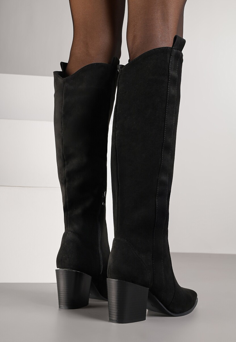 Czarne Kozaki Kowbojki przed Kolano z Metalicznym Noskiem Caspianna