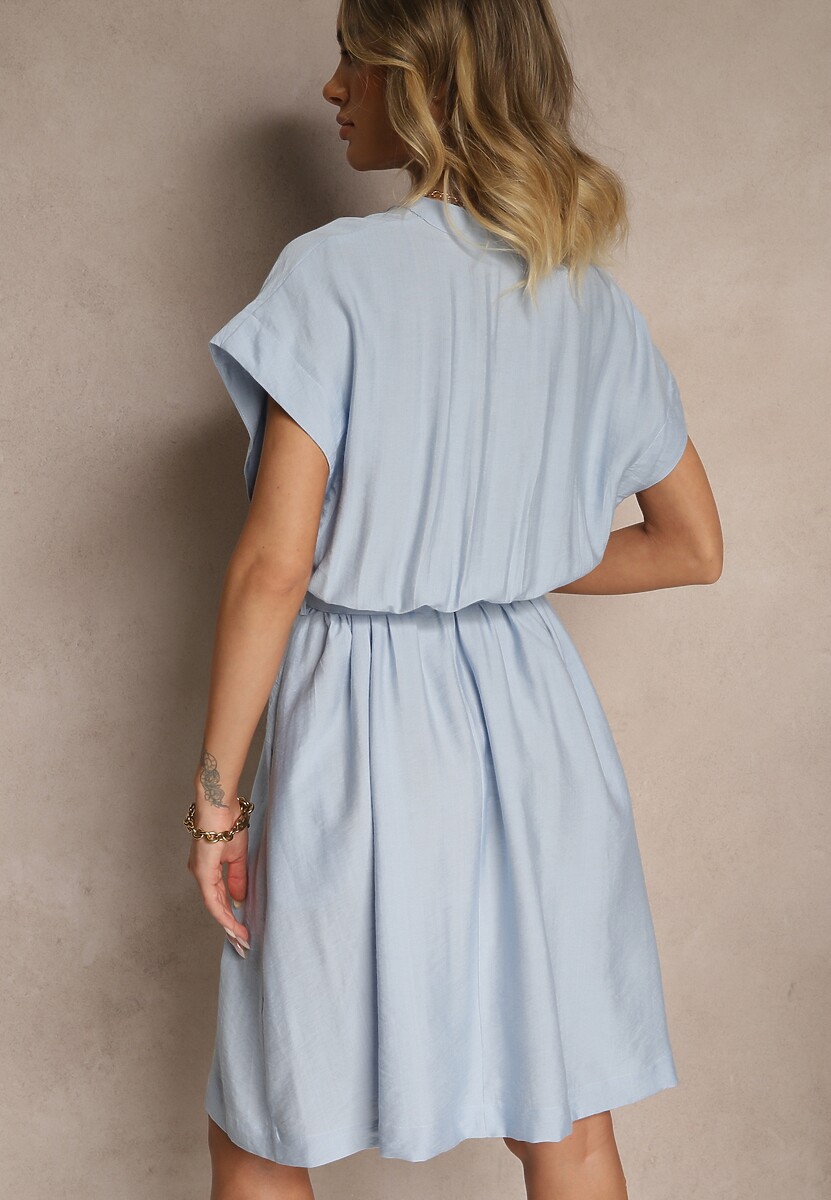 Niebieska Rozkloszowana Sukienka z Wiskozy z Paskiem Zapinana na Napy Seporine