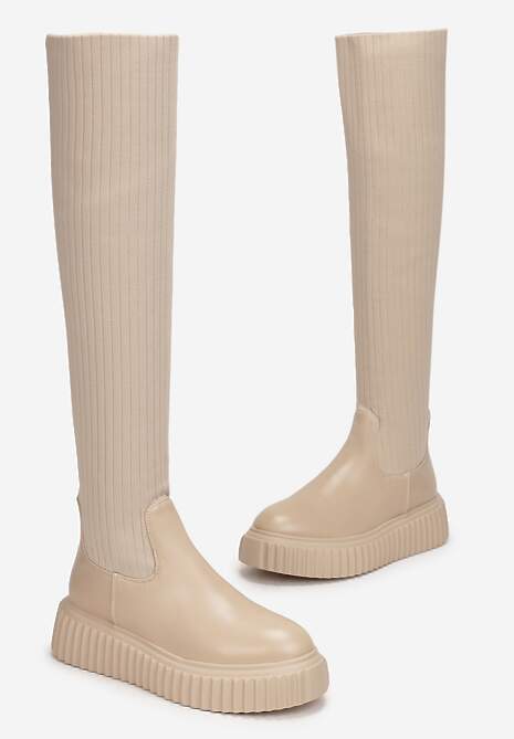 Beżowe Kozaki z Elastyczną Cholewką za Kolano na Platformie Cese
