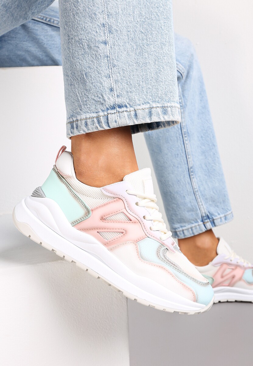 Biało-Niebieskie Sneakersy Przed Kostkę Zdobione Przeszyciami Flallesi