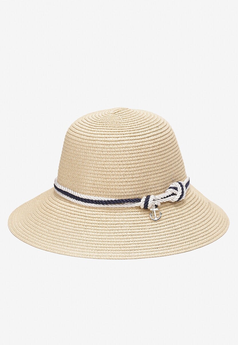 Beżowy Pleciony Kapelusz z Szerokim Rondem i Kontrastową Taśmą Paccea
