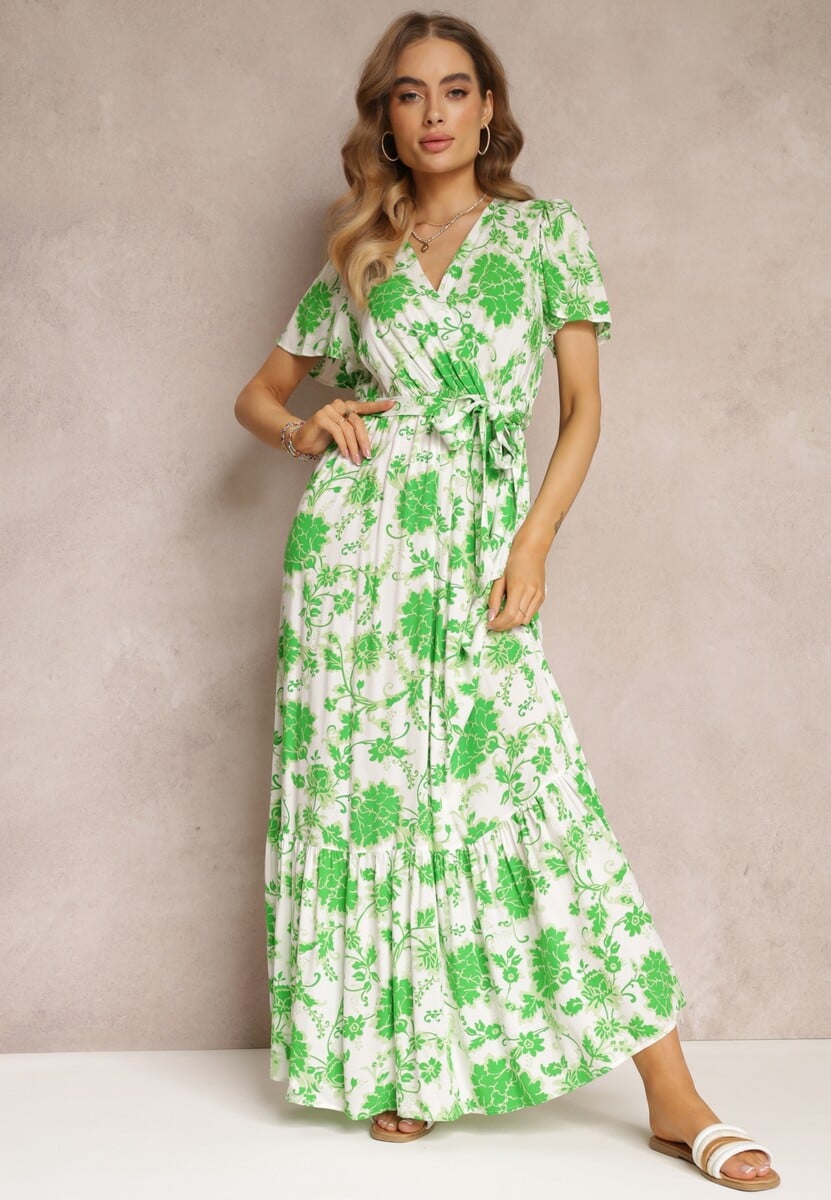 Zielona Sukienka w Kwiaty z Paskiem i Gumką w Talii z Wiskozy Agletina