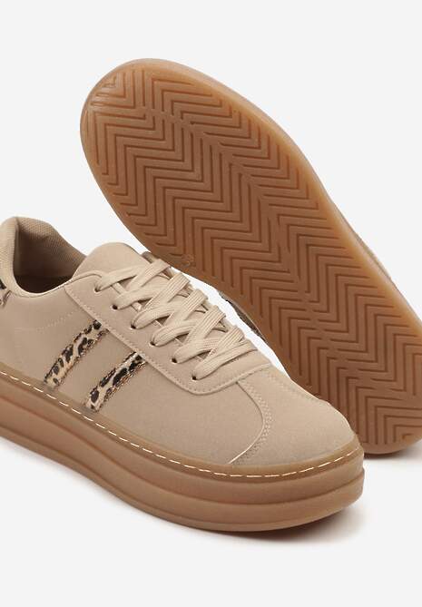 Ciemnobeżowe Sneakersy na Tłoczonej Platformie Ozdobione Paskami Felainora