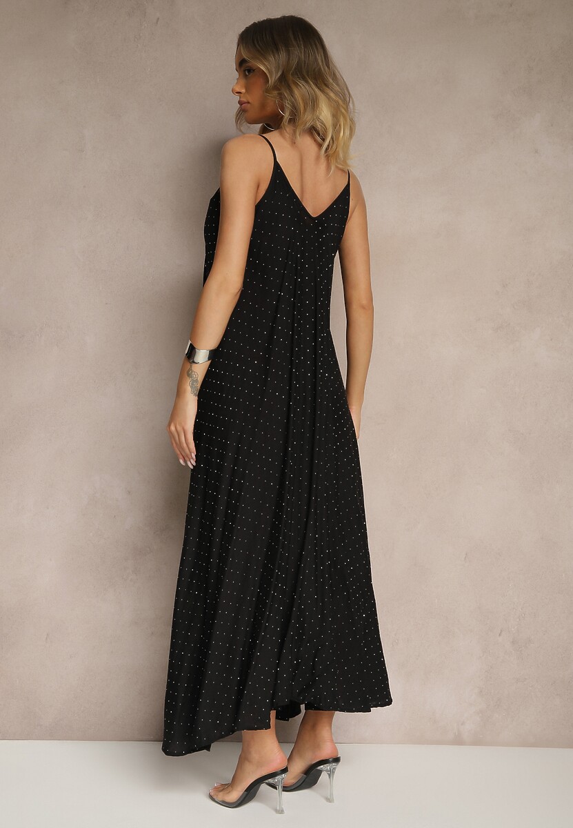 Czarna Wiskozowa Sukienka o Rozkloszowanym Kroju Ozdobiona Cyrkoniami Tosnaria