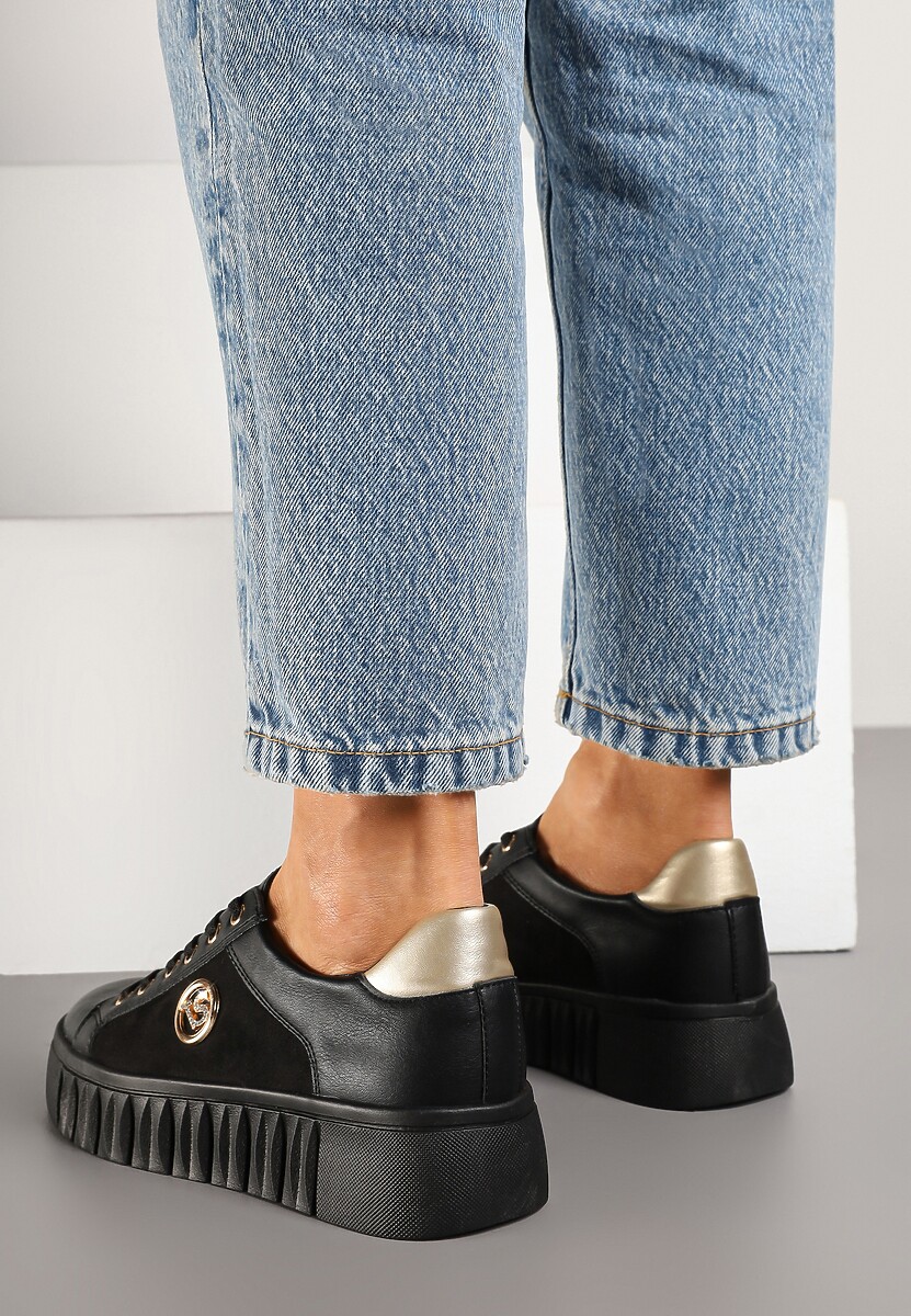 Czarno-Złote Sznurowane Sneakersy Vices na Platformie z Tłoczeniem i Metaliczną Aplikacją Lavfedi