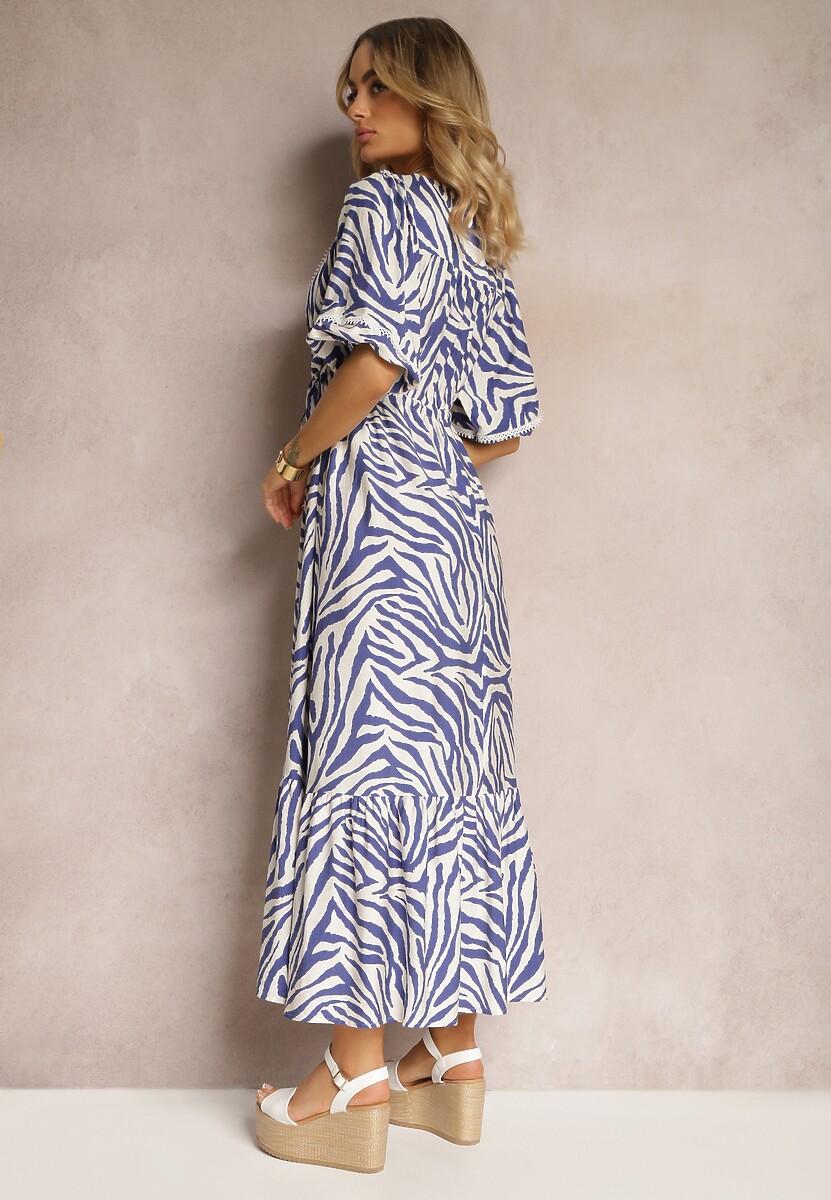 Granatowo-Biała Sukienka z Wiskozy i Bawełny Ozdobiona Falbaną i Sznurkiem w Pasie Vantia