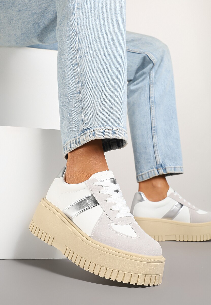 Biało-Szare Sneakersy na Platformie Ozdobione Paskiem Vivesse