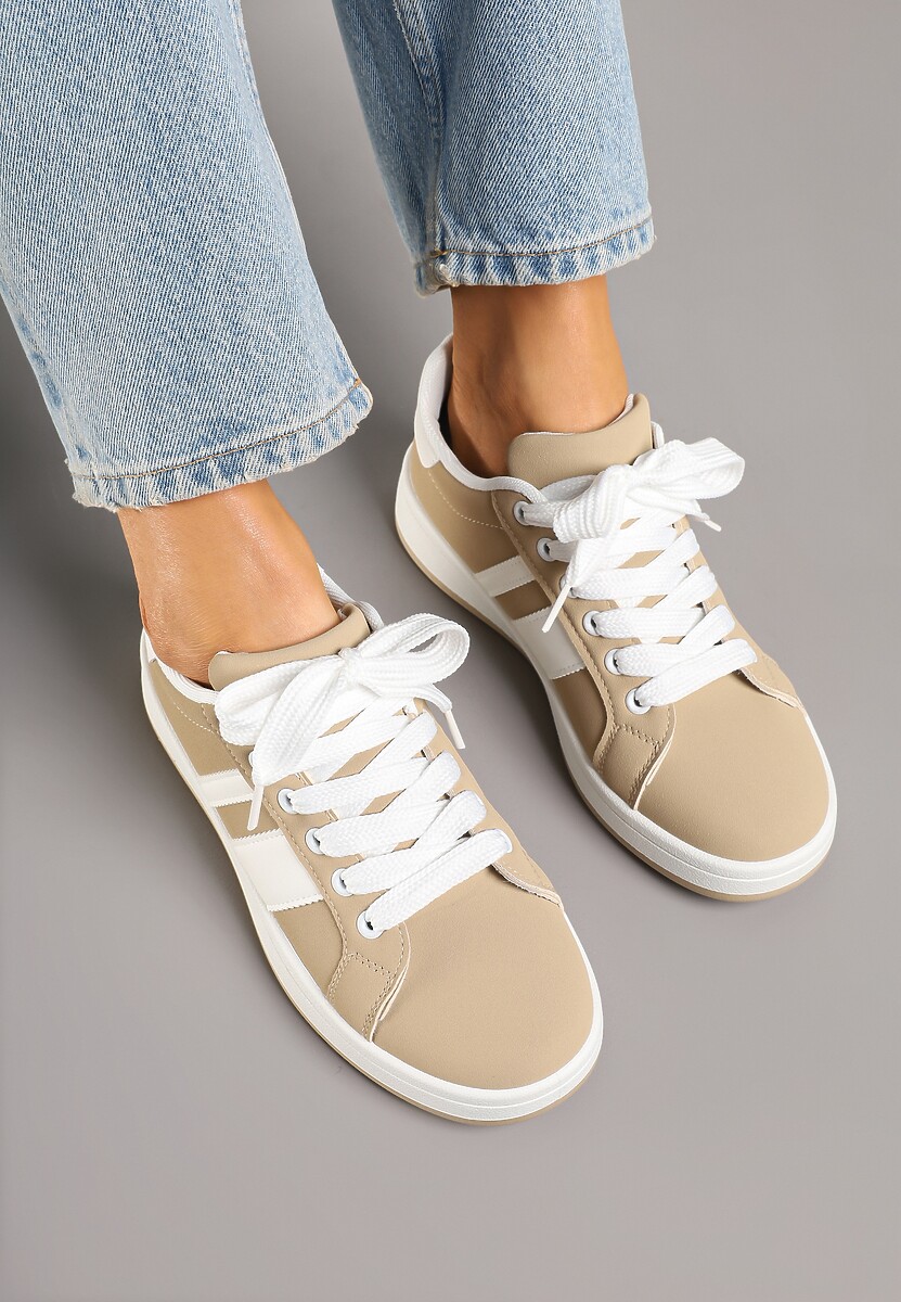 Ciemnobeżowe Płaskie Sneakersy z Paskiem Quinesi