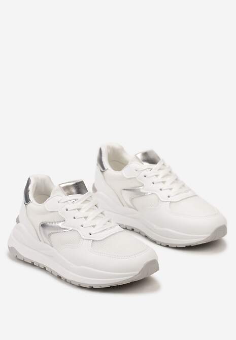 Biało-Srebrne Sneakersy na Płaskiej Podeszwie ze Sznurowaniem i Materiałowymi Wstawkami Haretta