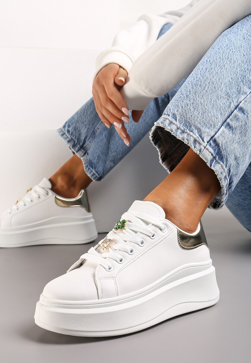 Biało-Złote Sneakersy Ozdobione Cyrkoniami i Kwiatami na Grubej Podeszwie Rainasse