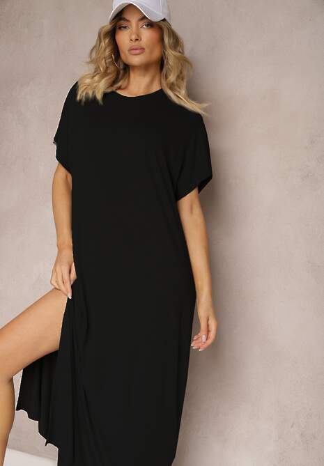 Czarna Pudełkowa Sukienka z Wiskozy z Rozcięciem Vimoray
