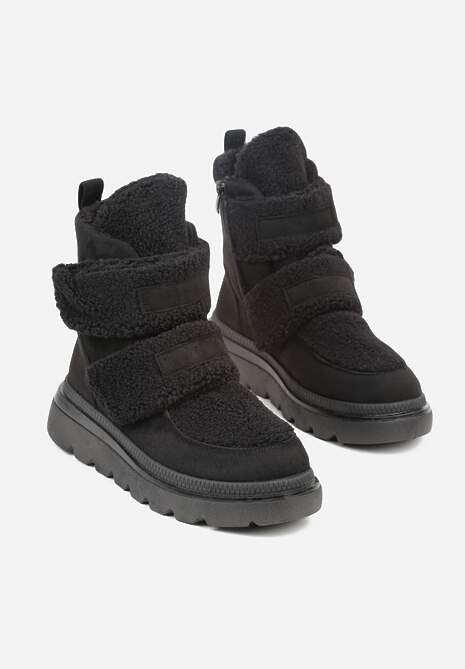 Czarne Botki Typu Śniegowce na Platformie z Dwoma Ozdobnymi Rzepami Edarlia