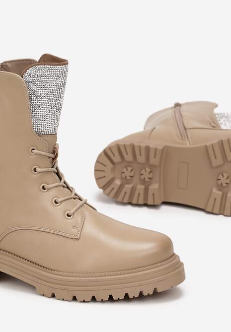 Ciemnobeżowe Botki Workery z Brokatowym Językiem Minoso